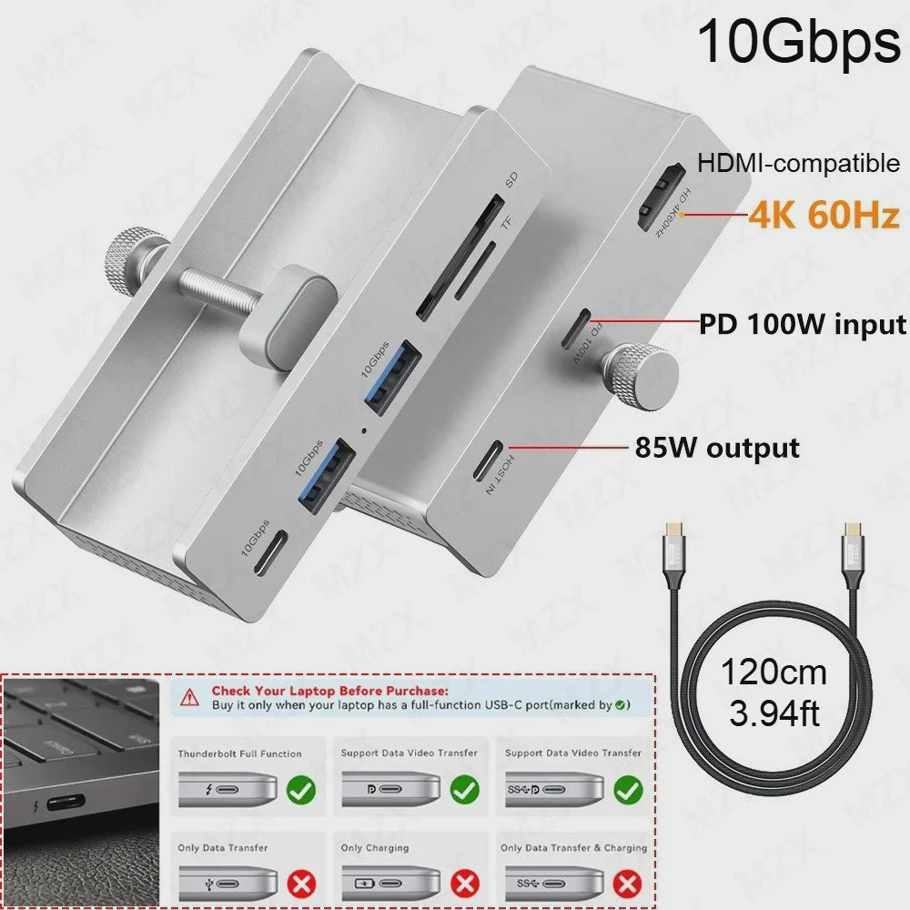 Aluminium USB 3.0/3.2 Hub met Clip: 5Gbps/10Gbps Docking Station voor Monitor & Bureau