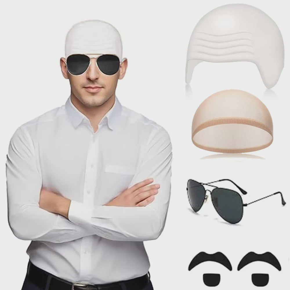 Set van 4 Kale Hoofd Pruikenkapjes & Accessoires voor Cosplay en Feest