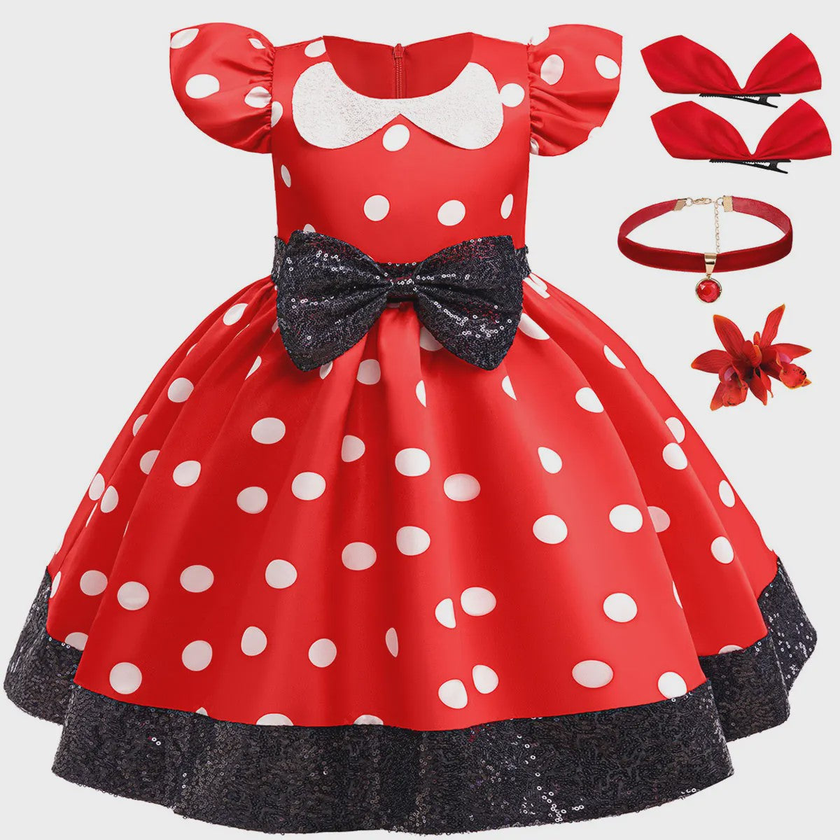 Minnie Mouse Jurk Meisjes Rood Polka Dot met Grote Pailletten Strik - Feestjurk