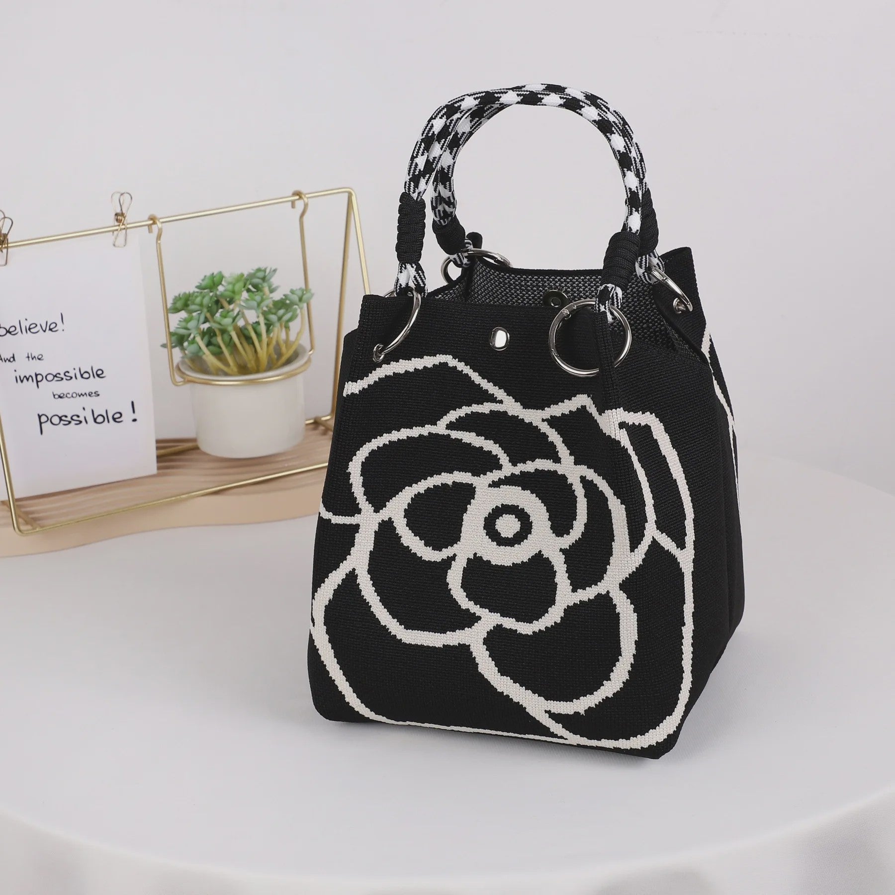 Mini Gebreide Bucket Bag Dames - Kleurrijk Colorblock Polstasje met Afneembare Handgreep