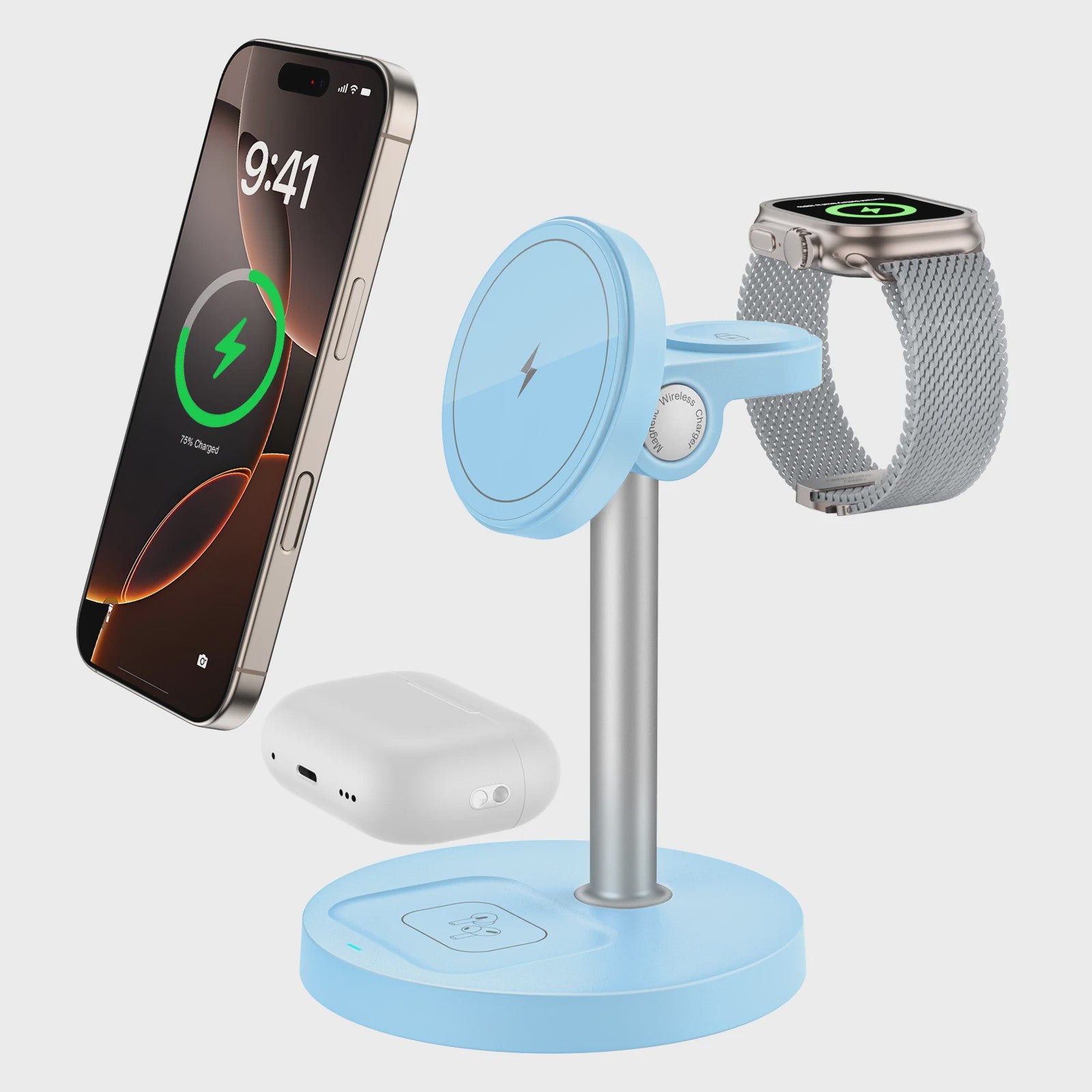 3-in-1 Magnetische Draadloze Oplader Stand voor iPhone, Apple Watch & AirPods - 15W Fast Charge