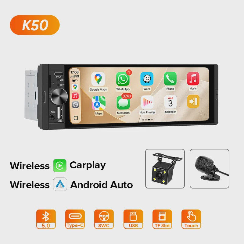 AINAVI 1 DIN Universele Autoradio met 6.36" HD IPS Touchscreen, Wireless CarPlay & Android Auto, Bluetooth 5.0