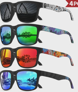4-delige Set Vierkante Sportzonnebrillen met Designer Tempelpatroon - UV400 Bescherming