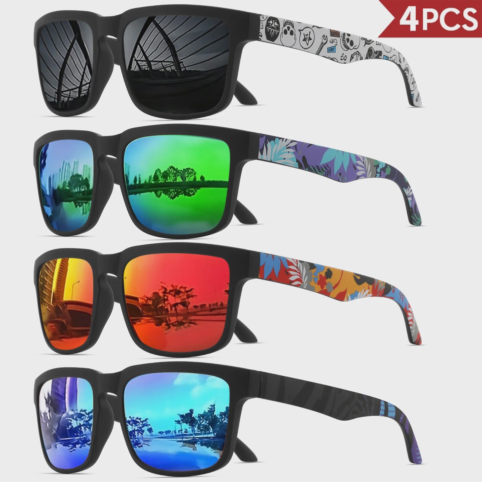 4-delige Set Vierkante Sportzonnebrillen met Designer Tempelpatroon - UV400 Bescherming