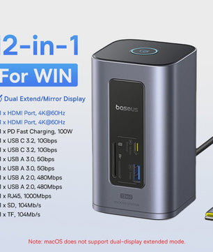 Baseus 15-in-1 USB-C Docking Station: 160W PD, 4K@120Hz HDMI, 25W Draadloze Charger & 180W GaN Adapter