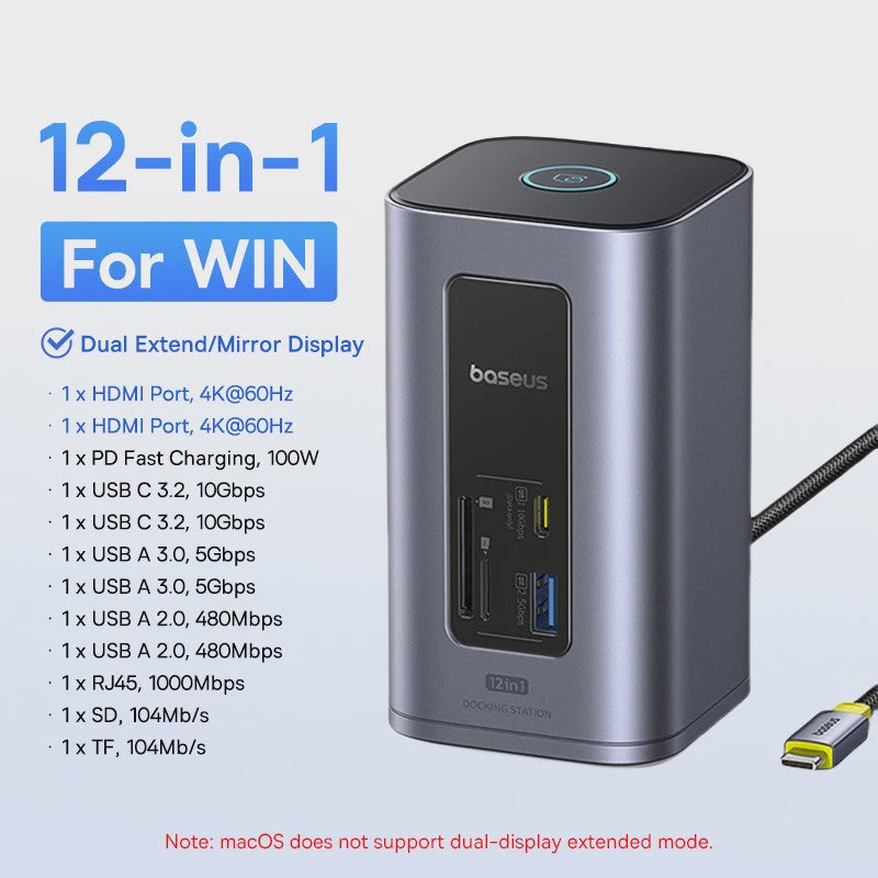 Baseus 15-in-1 USB-C Docking Station: 160W PD, 4K@120Hz HDMI, 25W Draadloze Charger & 180W GaN Adapter