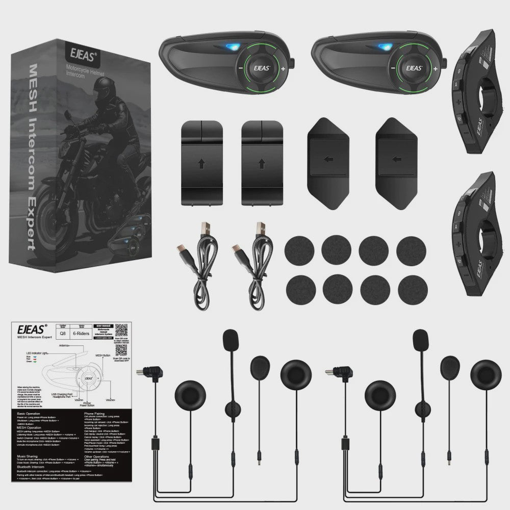 EJEAS Q8 Motorhelm Intercom Systeem - Bluetooth 5.1 Mesh 3.0, APP Bediening