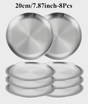 8-delige RVS Serveerschalen Set - Ronde Metalen Borden voor Diner, BBQ & Camping