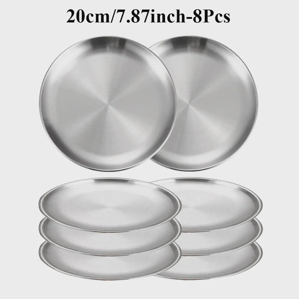 8-delige RVS Serveerschalen Set - Ronde Metalen Borden voor Diner, BBQ & Camping