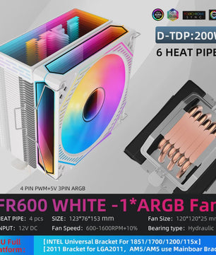 Metalfish FR600 CPU Air Cooler: 6 Heatpipes, ARGB PWM 12cm Fan, 153mm Hoogte