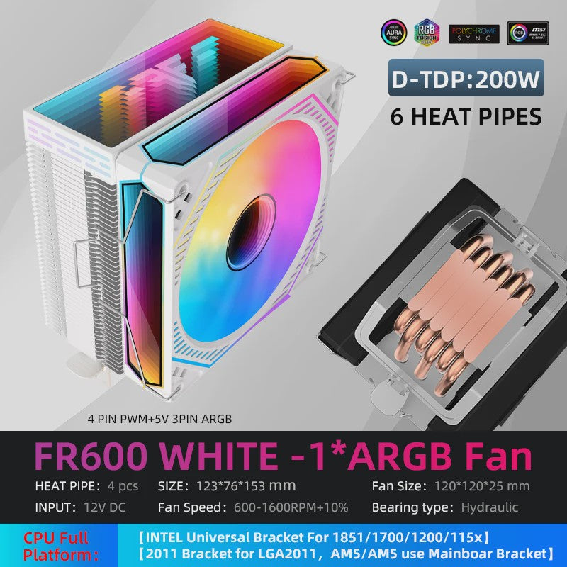 Metalfish FR600 CPU Air Cooler: 6 Heatpipes, ARGB PWM 12cm Fan, 153mm Hoogte