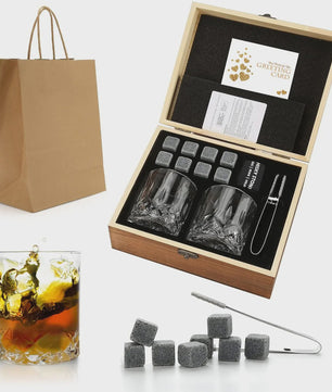 Luxe Whiskey Set met Glazen en Granieten Stenen - Houten Cadeaubox