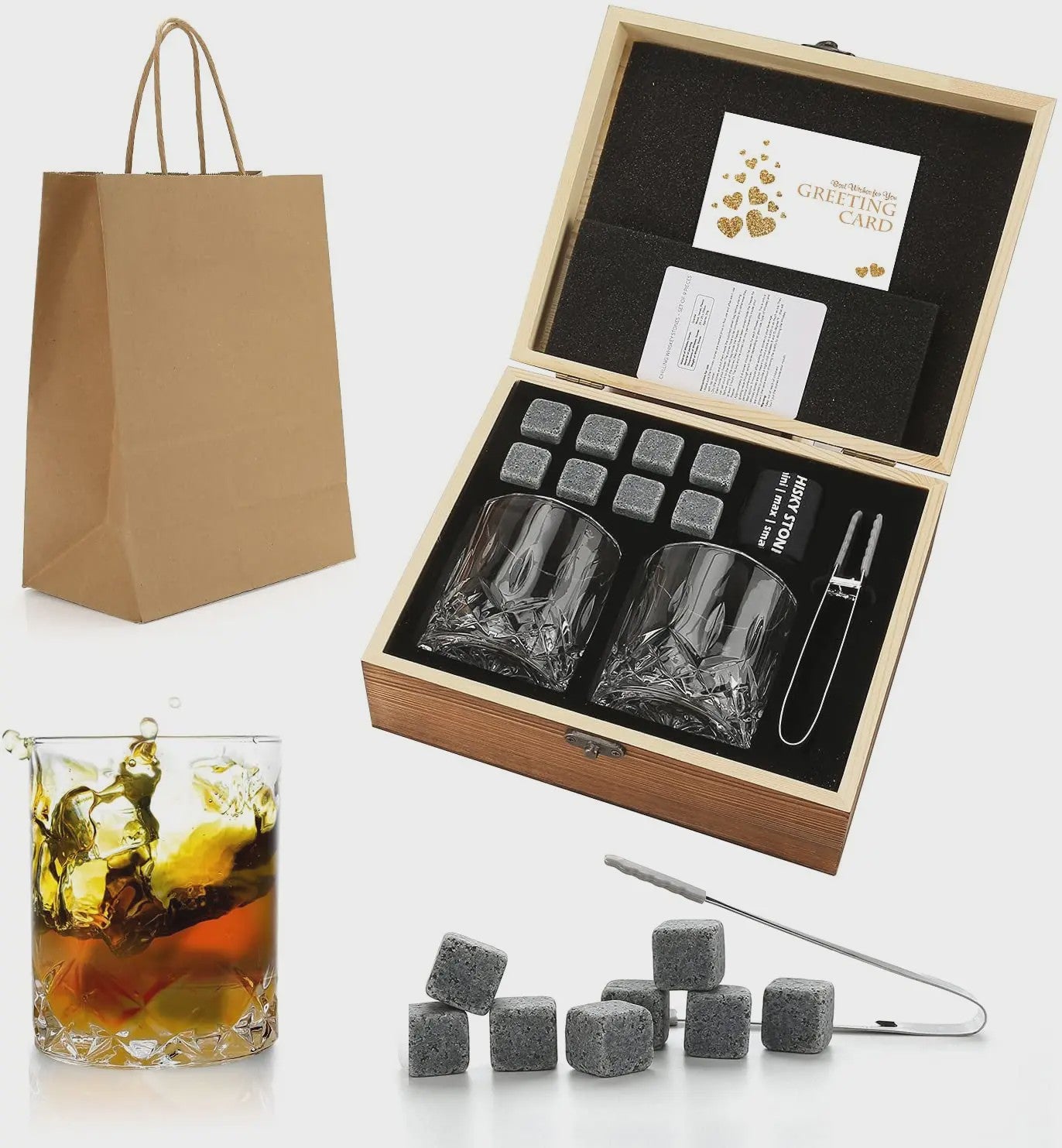 Luxe Whiskey Set met Glazen en Granieten Stenen - Houten Cadeaubox