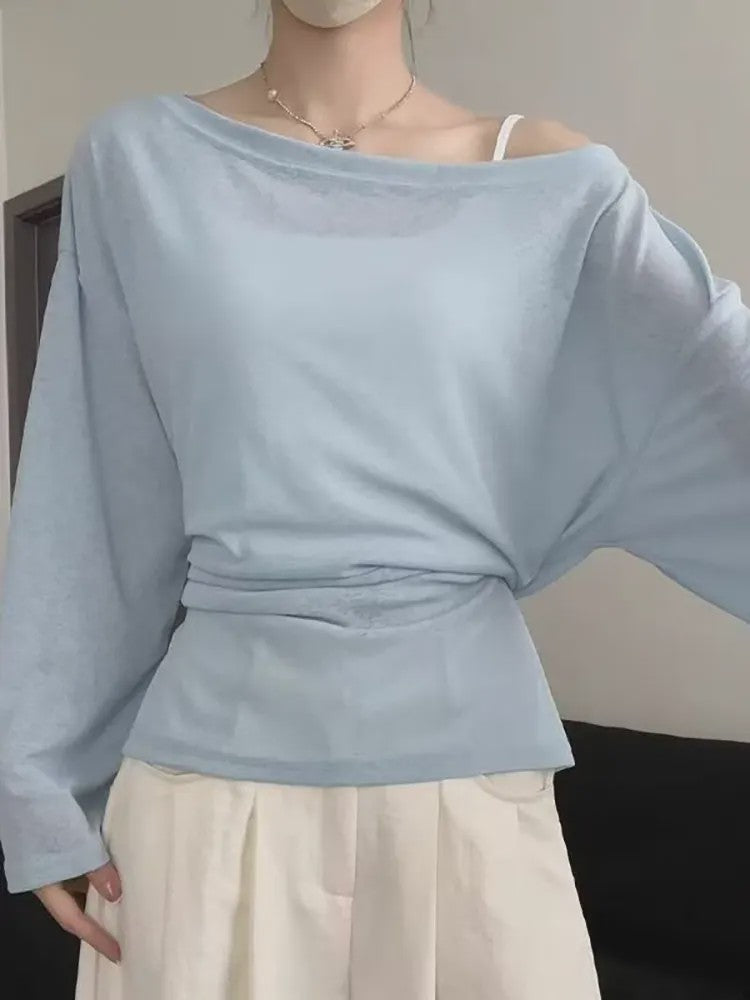 Dames Oversized T-shirt met Lange Mouwen en Off-Shoulder Design - Sexy Bandage Detail