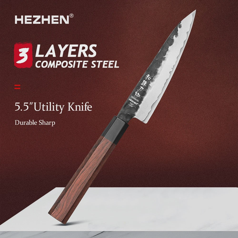 HEZHEN Keukenmes Set 4-delig - 3-laags Composiet Staal, Santoku & Nakiri