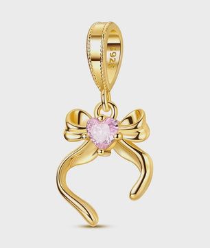 925 Sterling Zilveren Bedel: Gouden Strik met Roze Hart & Kruis met Oog van Horus