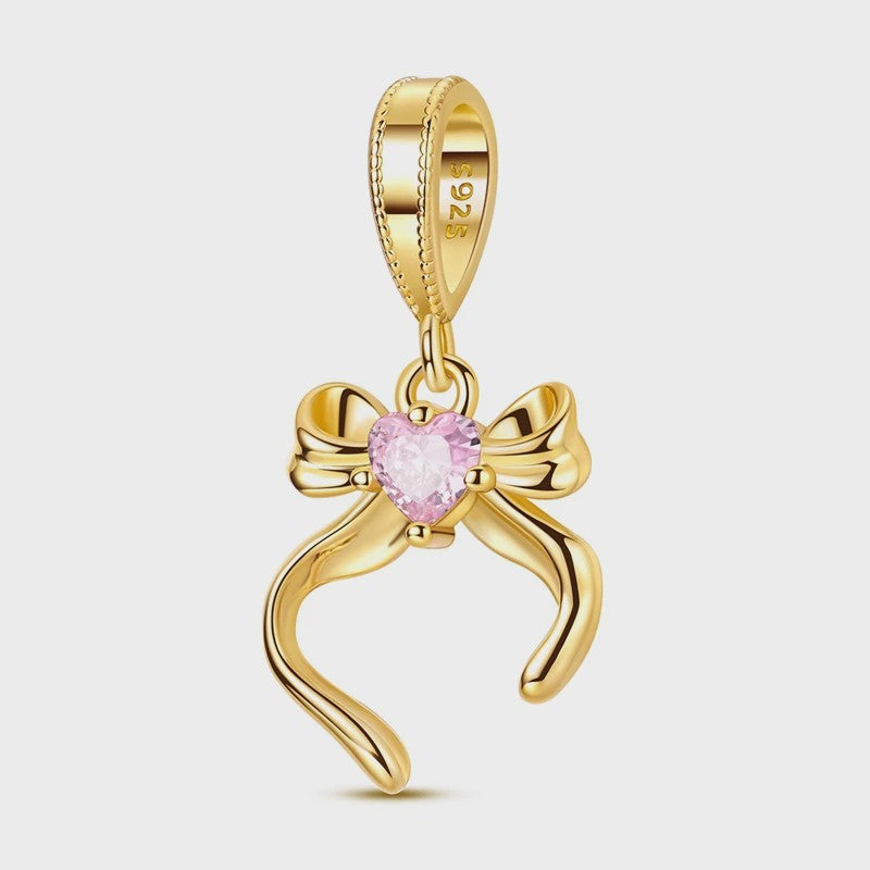 925 Sterling Zilveren Bedel: Gouden Strik met Roze Hart & Kruis met Oog van Horus