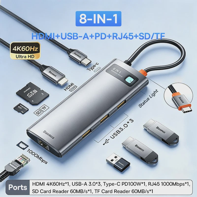 Baseus 6-in-1 USB-C Hub: 4K HDMI, 10Gbps USB 3.2, PD 100W, RJ45 Adapter