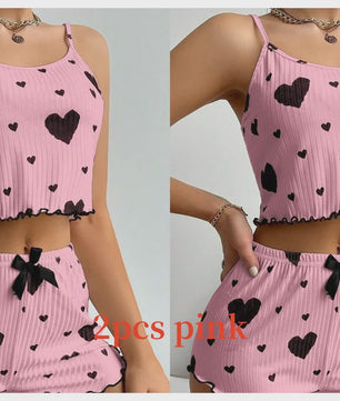 Dames Pyjama Set: 2-delig Tanktop & Shorts met Liefdesprint - Zacht & Ventilerend
