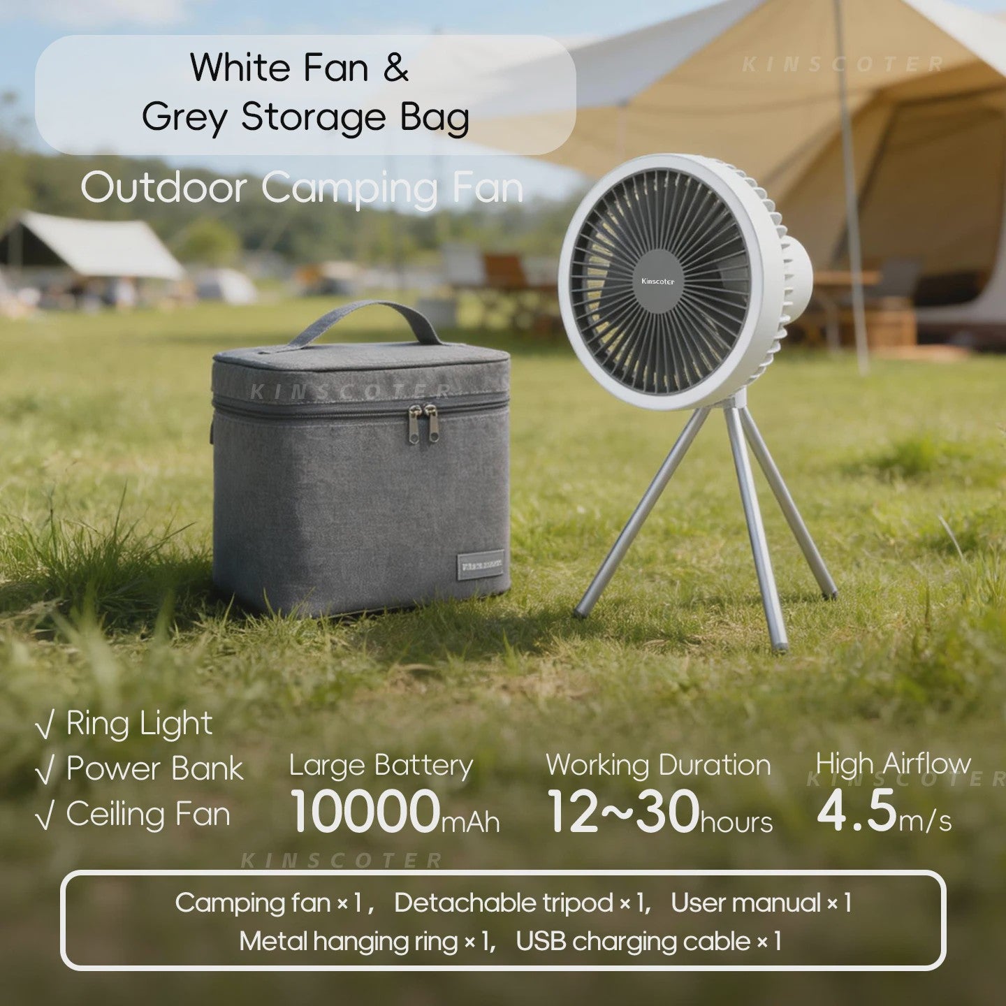 Draagbare Camping Ventilator met 10000mAh Batterij, LED Verlichting & Powerbank Functie