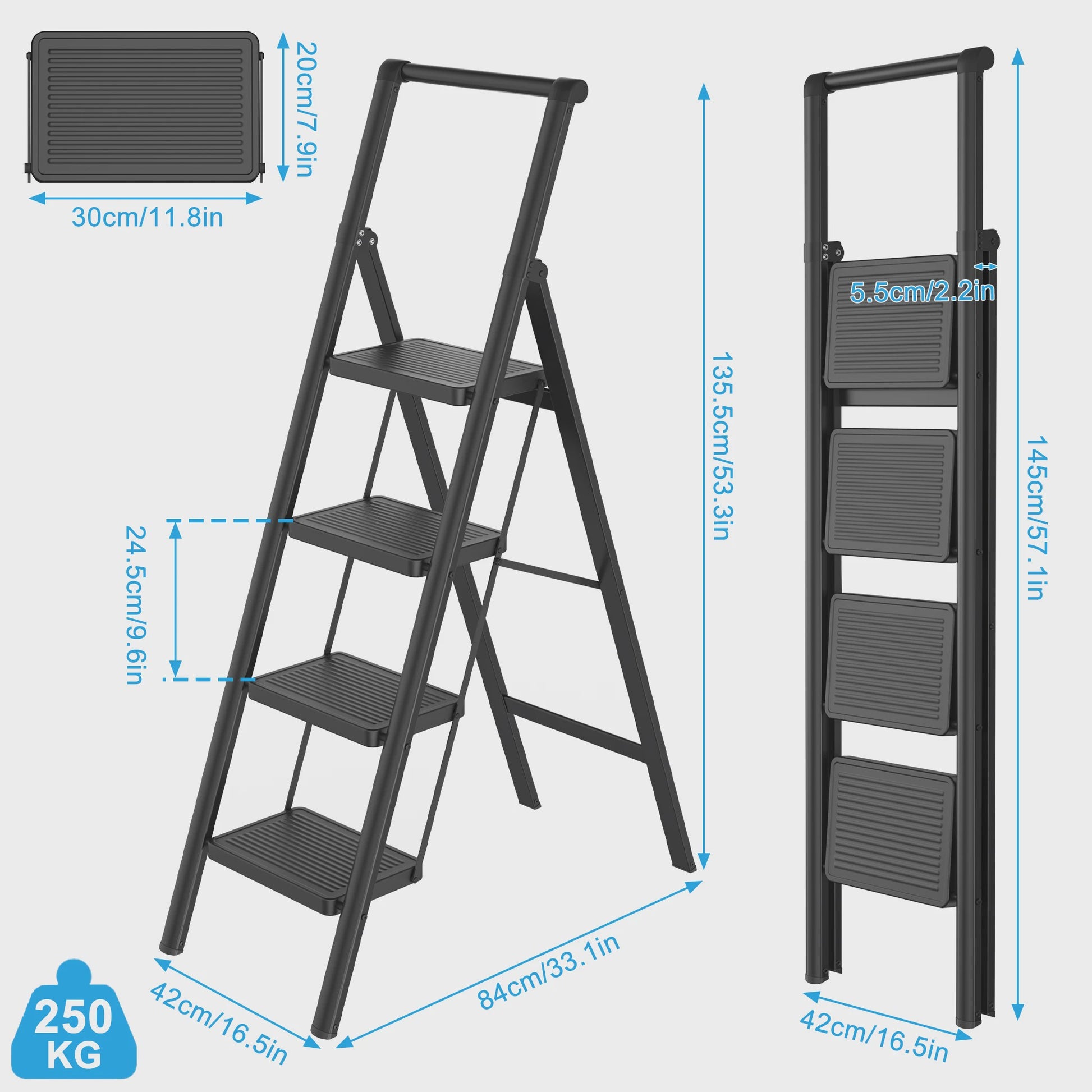 Opvouwbare Steekladder met Optionele Handgreep - 2/3/4 Treden, 250kg Belastbaar