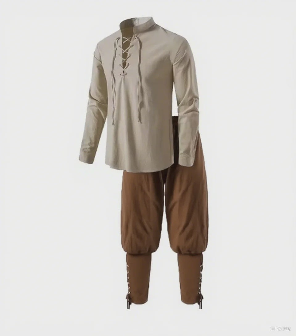 Middeleeuws Piraten Kostuum Set: Shirt met Vetersluiting en Broek