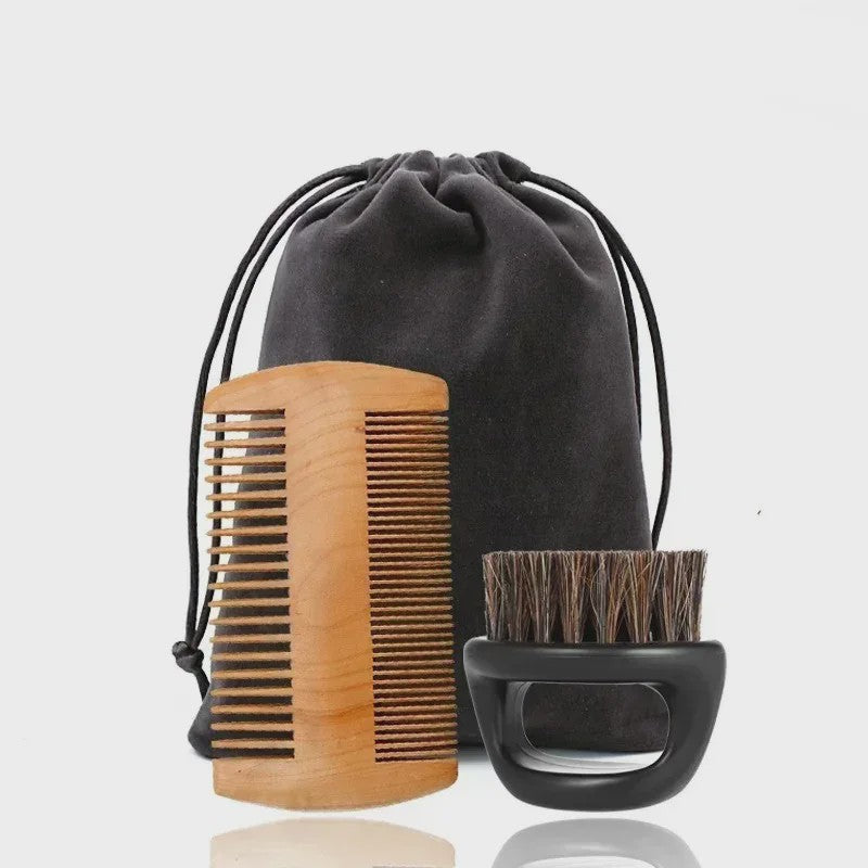 Professionele Baardborstel en Kam Set met Gift Bag - Zacht Varkenshaar & Hout