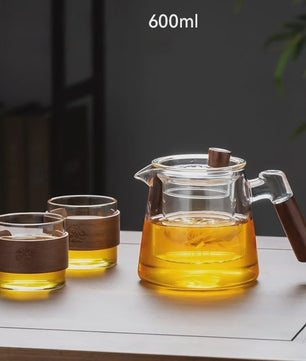 Glazen Theepot Set 600ML met Infuser en Houten Handvat - Stijlvol en Functioneel