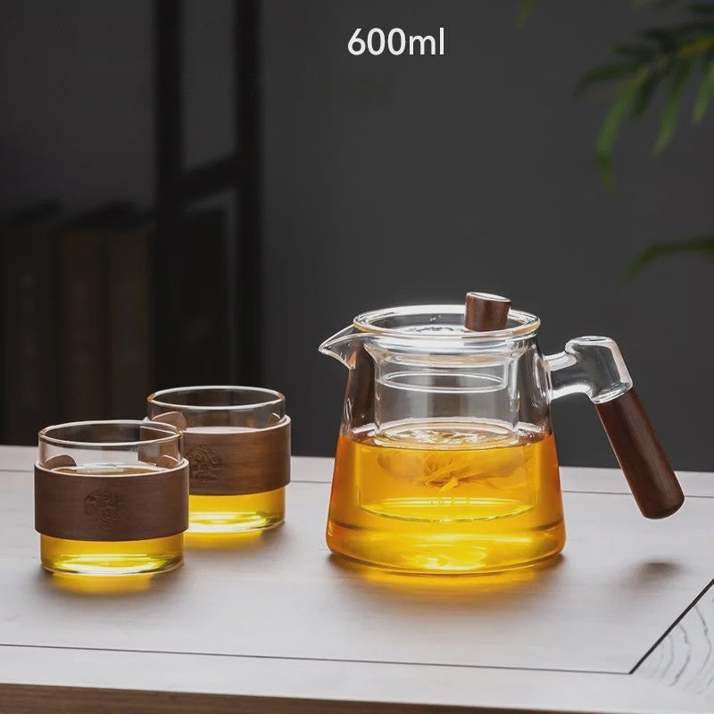 Glazen Theepot Set 600ML met Infuser en Houten Handvat - Stijlvol en Functioneel