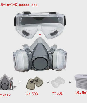Half Gelaat Stofmasker Set met 503 Deeltjesfilters en Veiligheidsbril - Ideaal voor Industrie, Verfspuiten en Slijpen