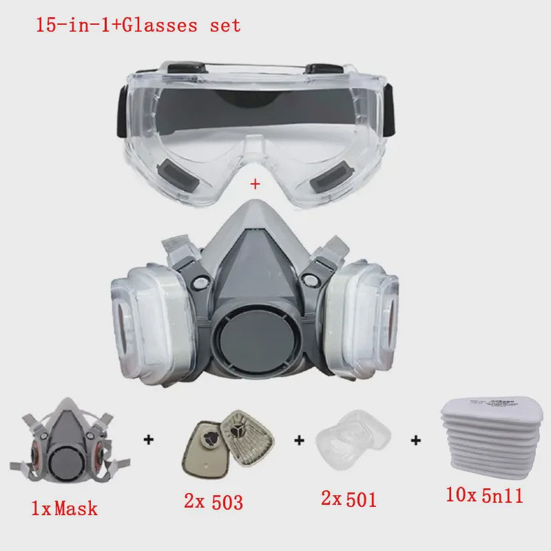 Half Gelaat Stofmasker Set met 503 Deeltjesfilters en Veiligheidsbril - Ideaal voor Industrie, Verfspuiten en Slijpen