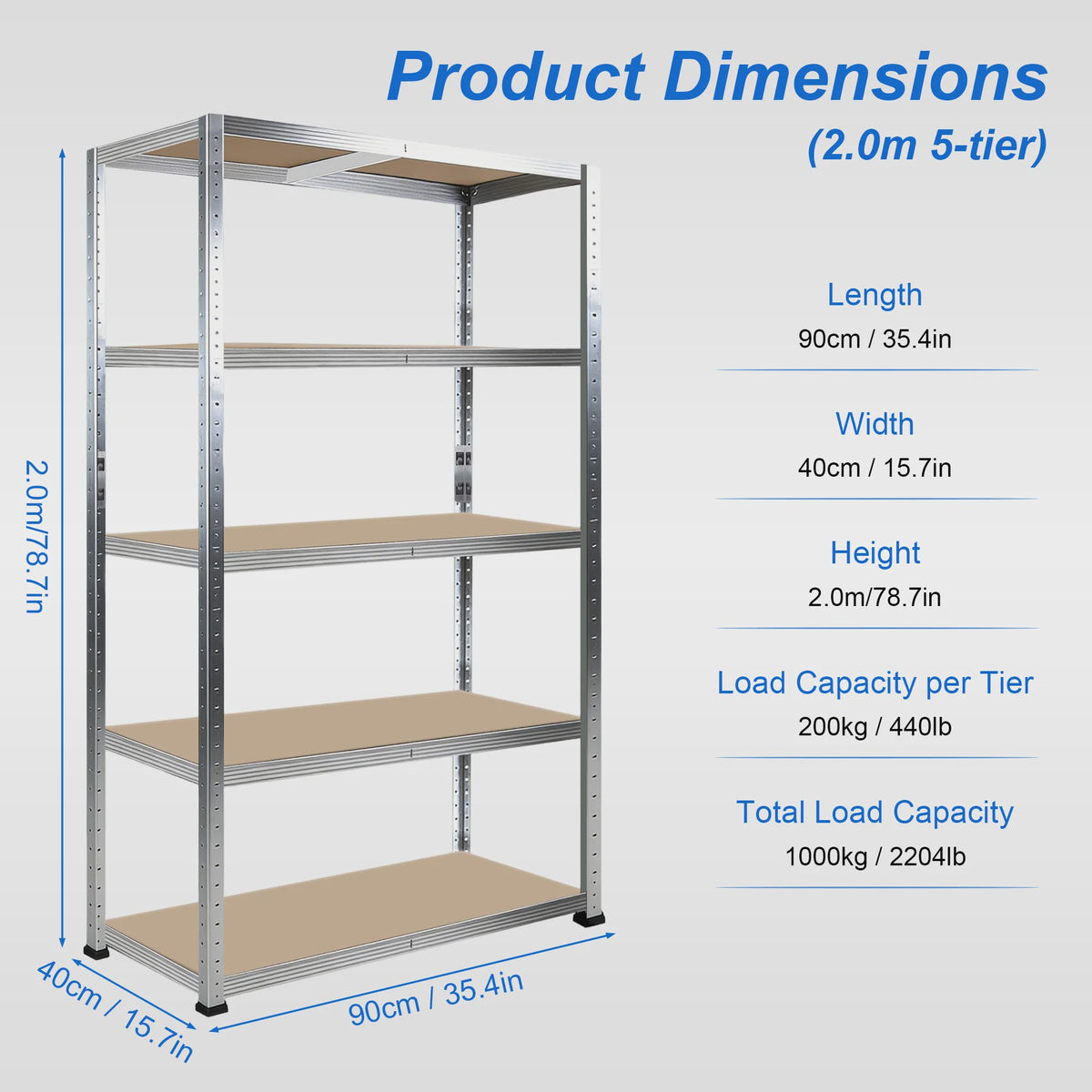 5-Laags Heavy Duty Metalen Stellingkast - 1000kg Draagvermogen - Boutloos Ontwerp - Verstelbare MDF Planken