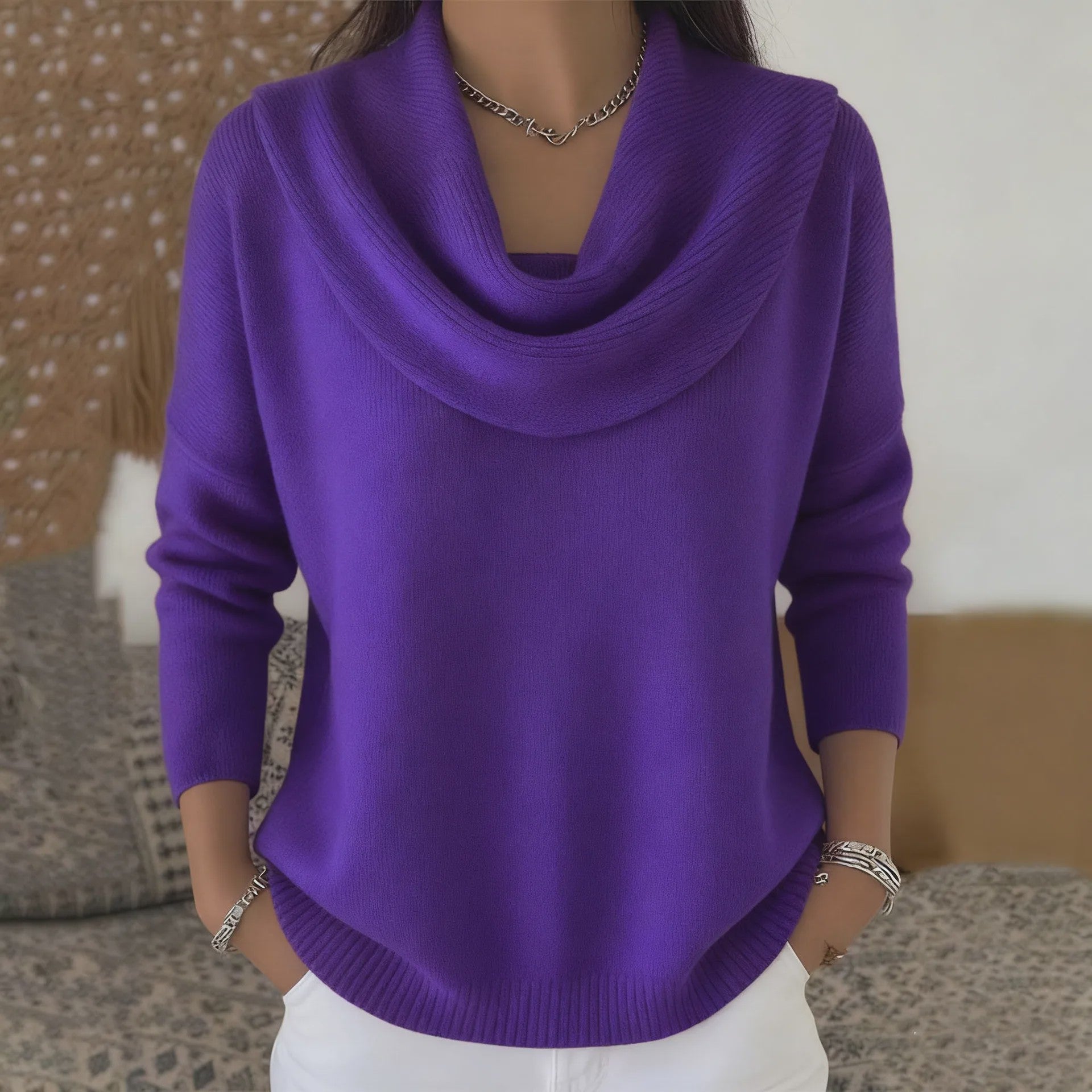 Dames Drapé Hals Trui - Effen Kleur Lange Mouwen - Herfst/Winter Collectie