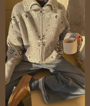 Gebreide Dames Cardigan met Patchwork Print, V-hals en Franjes - Stijlvolle Herfstjas