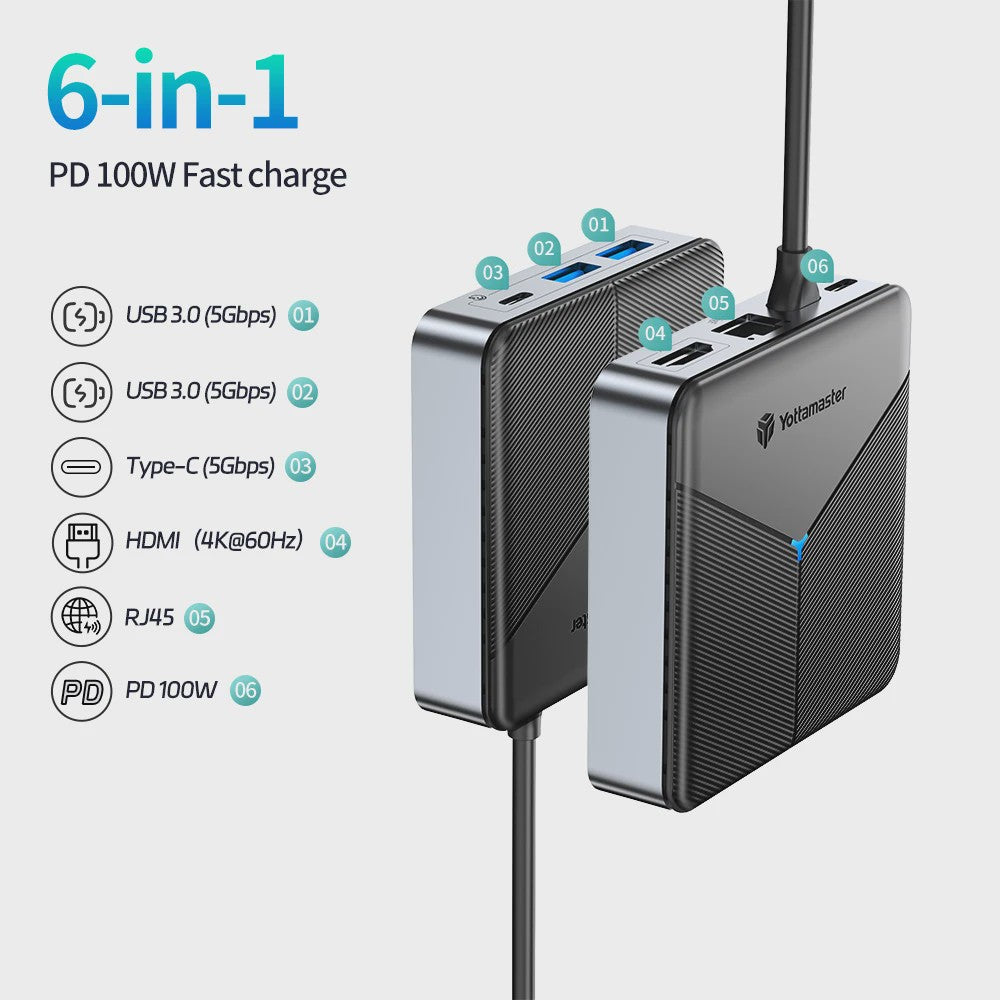 Yottamaster 8-in-1 USB-C Docking Station Hub met 100W PD, 4K@60Hz HDMI, RJ45, SD/TF Kaartlezer & Audio