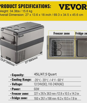 VEVOR Draagbare Vriezer/Koelkast 58 Qt (55L) - Auto, Boot, Outdoor - Snelkoelend