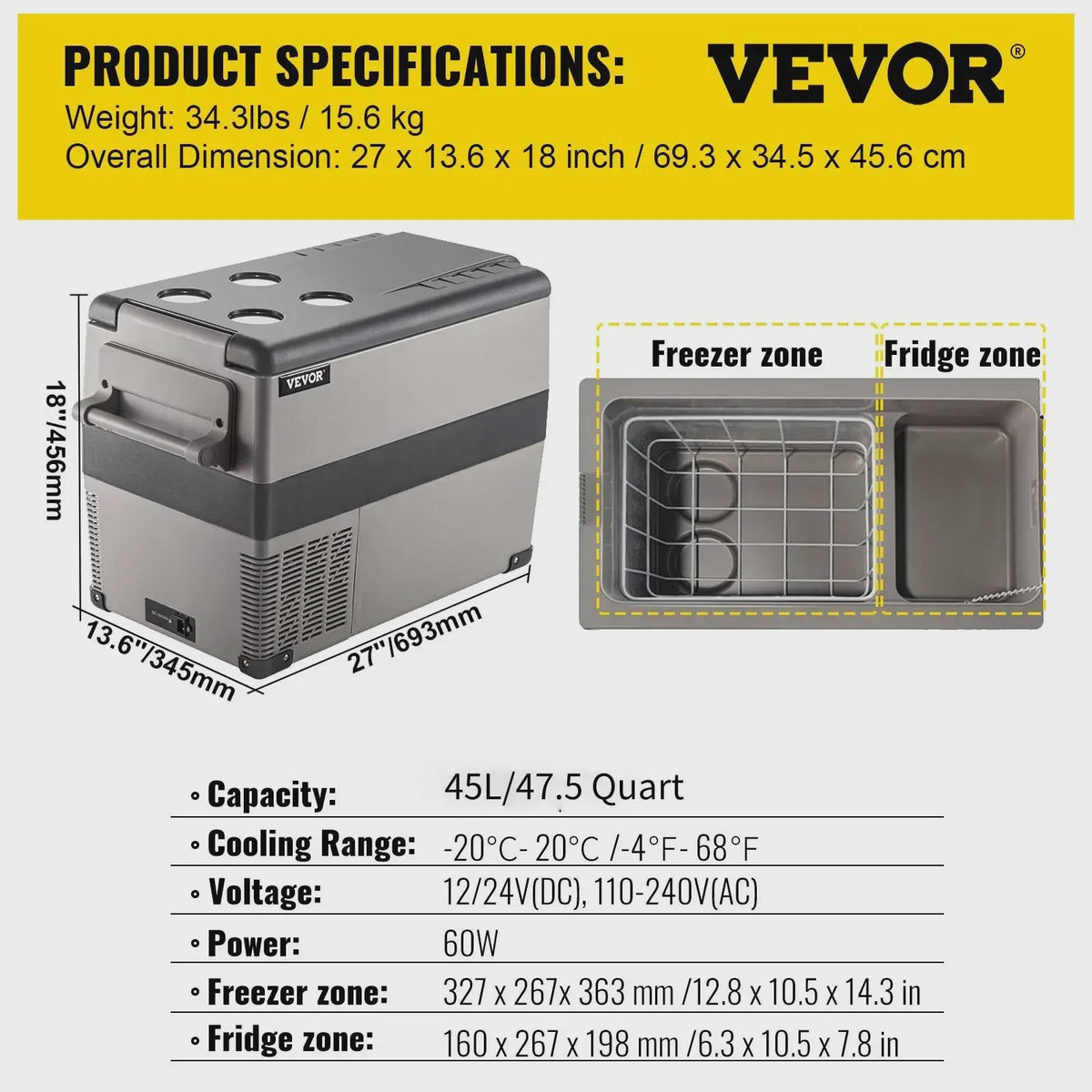 VEVOR Draagbare Vriezer/Koelkast 58 Qt (55L) - Auto, Boot, Outdoor - Snelkoelend