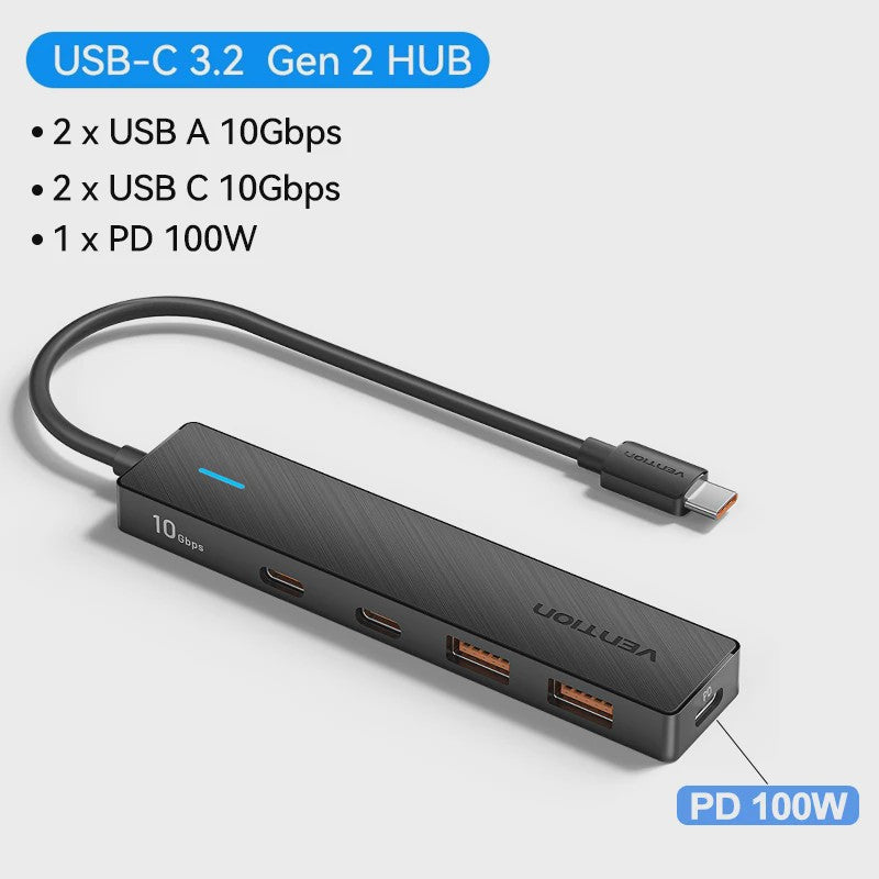 Vention 5-Poorts USB 3.2 Gen2 Hub met 10Gbps Snelheid - USB-A & Type-C Multiport Adapter