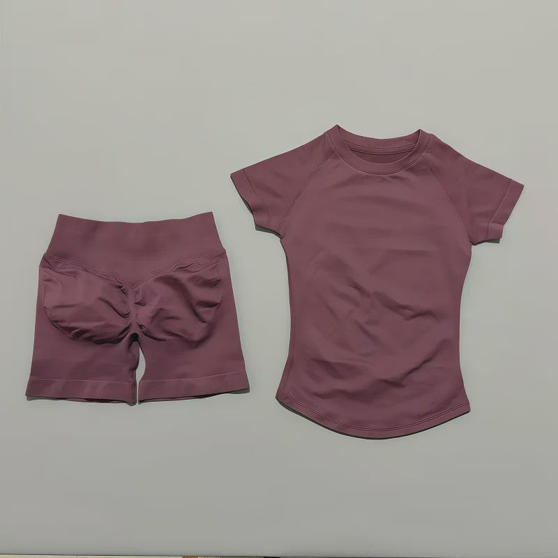 Seamless Sportset Dames: Yoga Top met Korte Mouw & Fitness Shorts