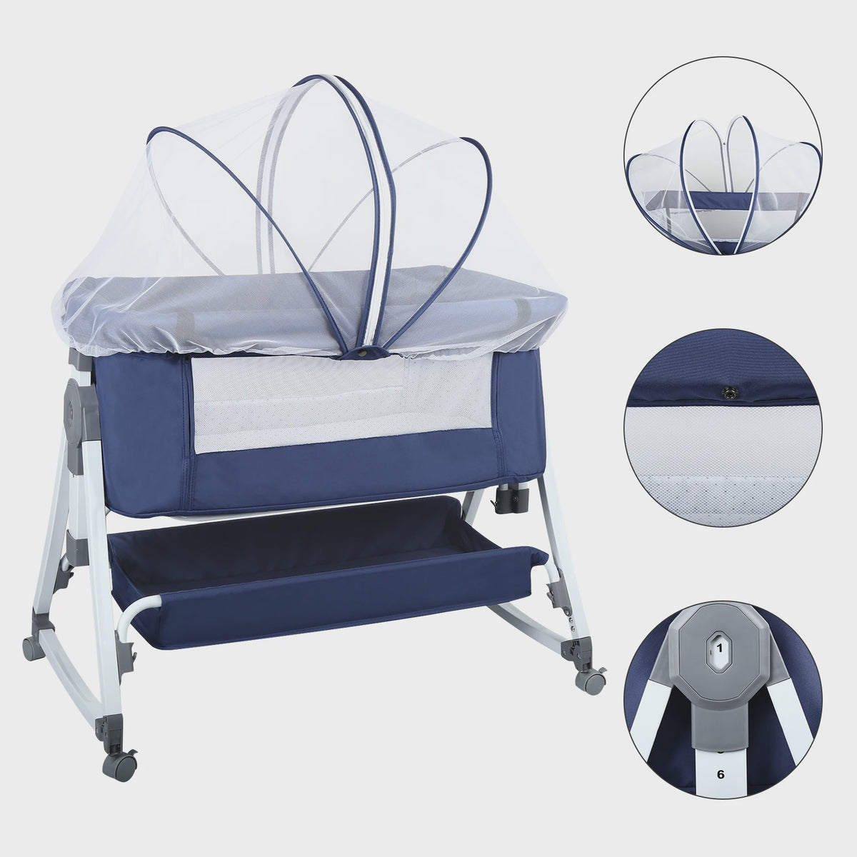 Baby Co-sleeper Wieg 2-in-1 met Wielen, 6 Hoogte-instellingen en Klamboe