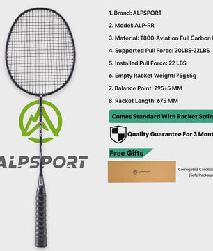 ALPSPORT RR Carbon Fiber Badminton Racket Set (2 stuks) - Offensief, 26LBS, Inclusief Tas & Shuttlecock - Ideaal voor Tieners