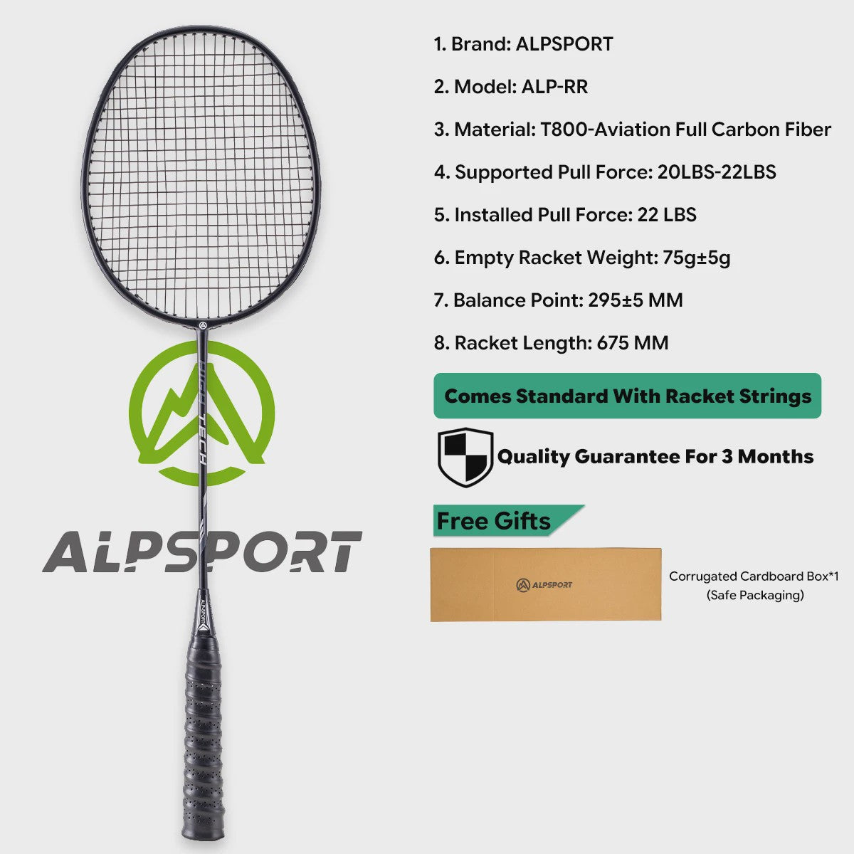 ALPSPORT RR Carbon Fiber Badminton Racket Set (2 stuks) - Offensief, 26LBS, Inclusief Tas & Shuttlecock - Ideaal voor Tieners