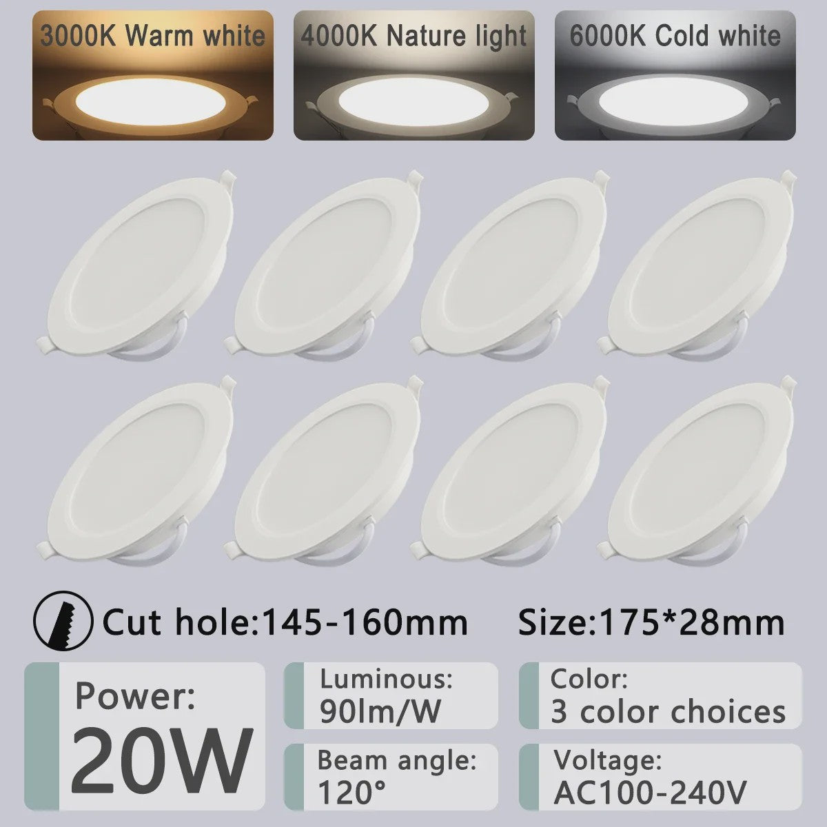 8-Pack LED Inbouwspots Rond - 3 t/m 8 Inch - 3 Kleuren Licht (3000K/4000K/6000K) - Energiezuinig