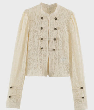 Elegante Witte Kant Blouse met Lange Mouwen en Uitgesneden Details - Dames