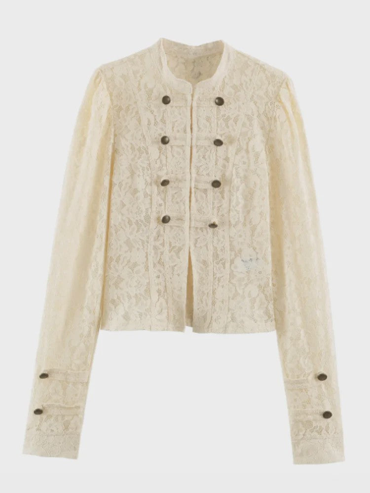 Elegante Witte Kant Blouse met Lange Mouwen en Uitgesneden Details - Dames
