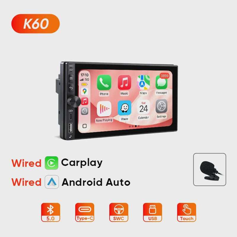 AINAVI K60 7-Inch Universele Autoradio met Draadloze CarPlay & Android Auto, Bluetooth, USB-C