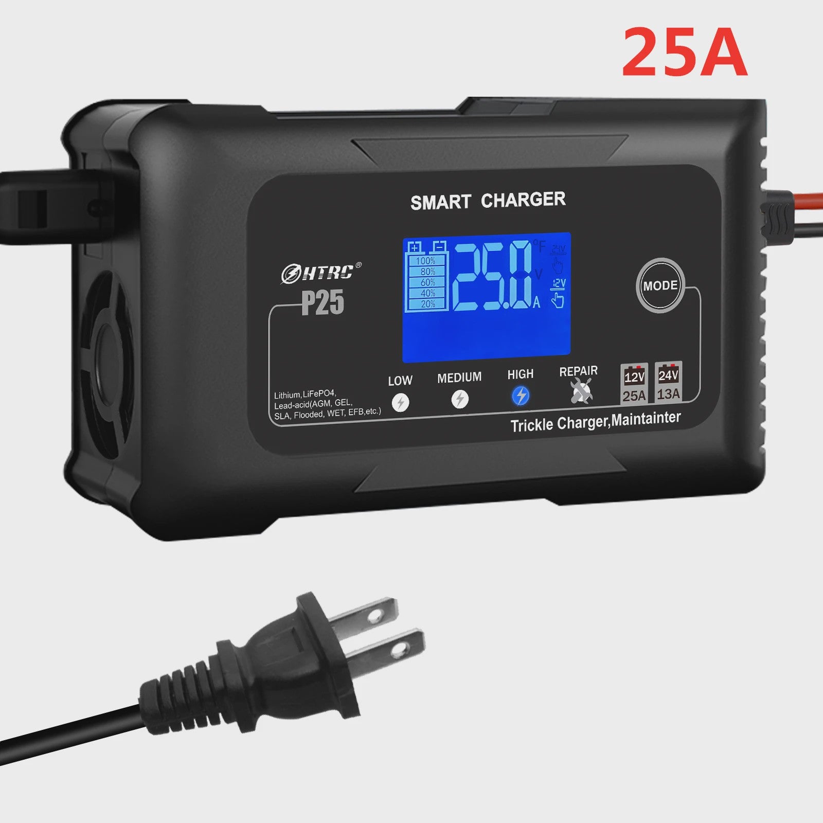 HTRC Slimme Acculader 12V/24V - Automatisch Laden & Reparatie voor Auto, Motor, LiFePO4, AGM