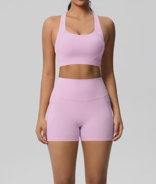 Dames Yoga Set: Sportieve Kleding met Hoge Taille Shorts en Sportbeha met Zakken
