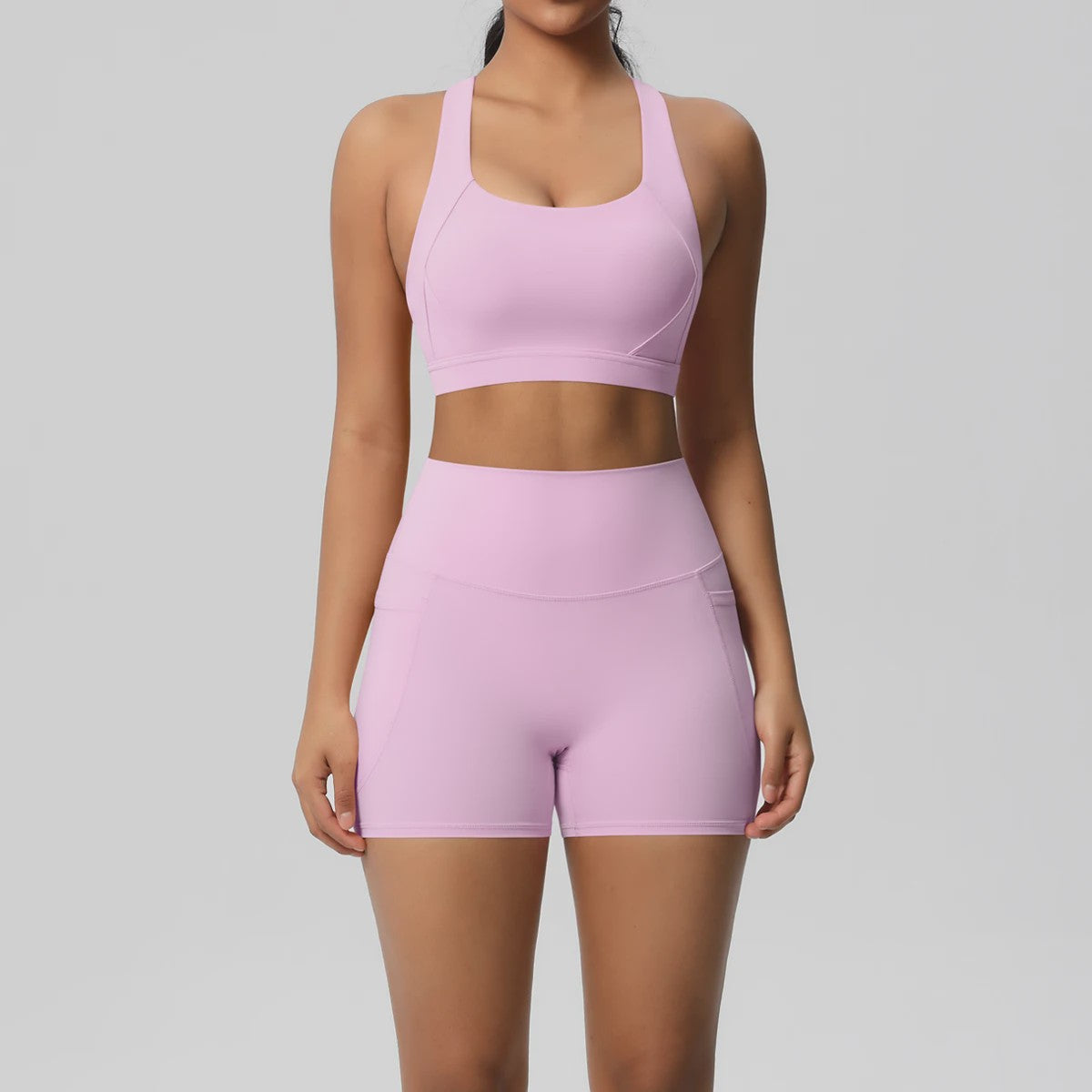 Dames Yoga Set: Sportieve Kleding met Hoge Taille Shorts en Sportbeha met Zakken