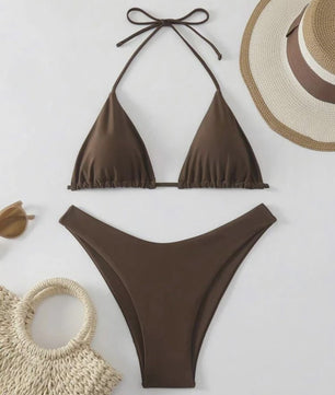Dames Bikini Thong - Sexy Braziliaanse Stijl met Halter en Vetersluiting - Verkrijgbaar in Wit, Zwart & Koffie